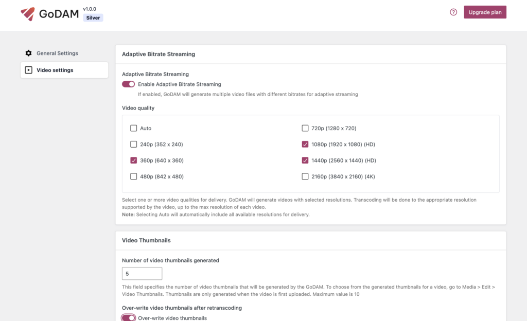 Adaptive bitrate settings