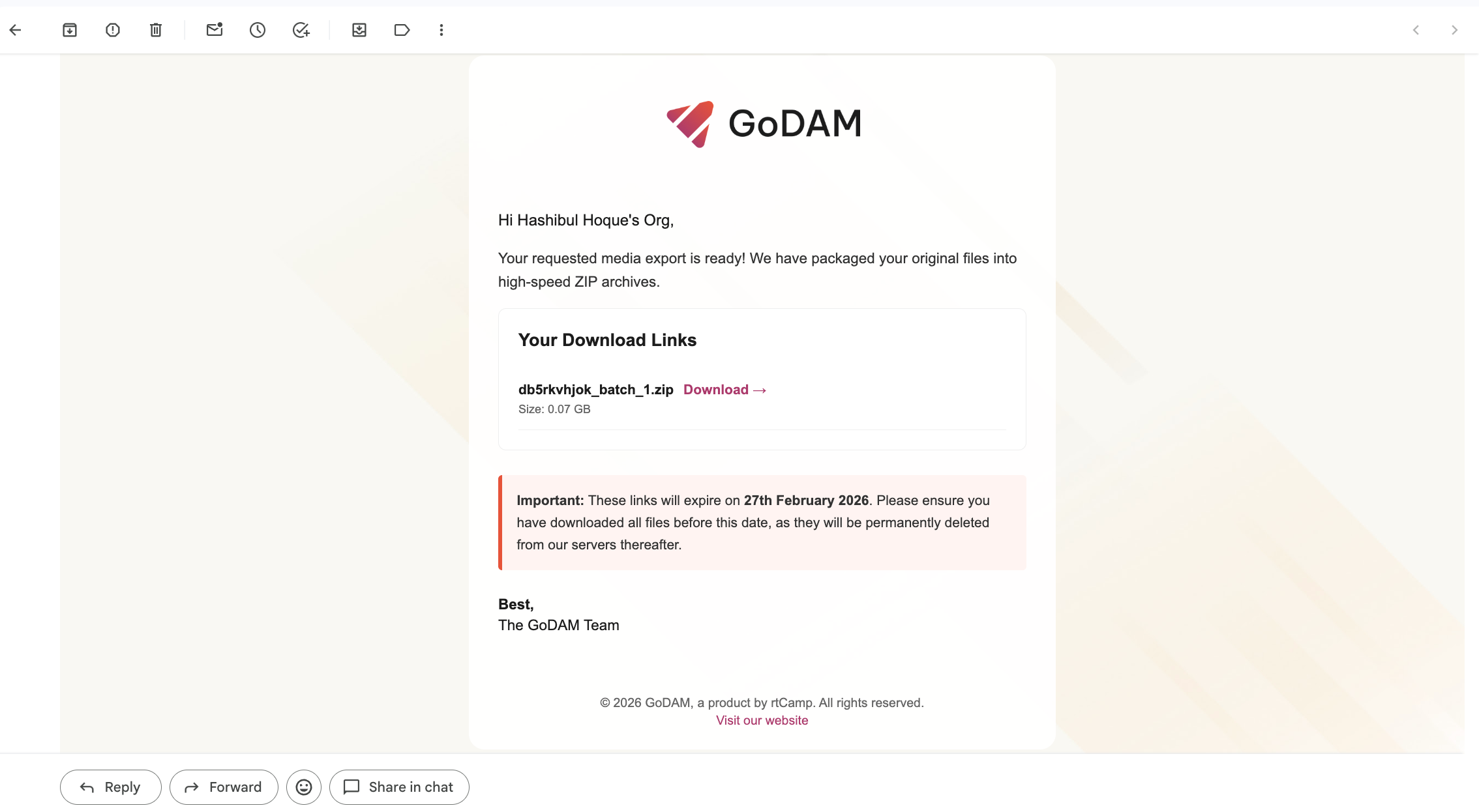GoDAM media export email confirmation
