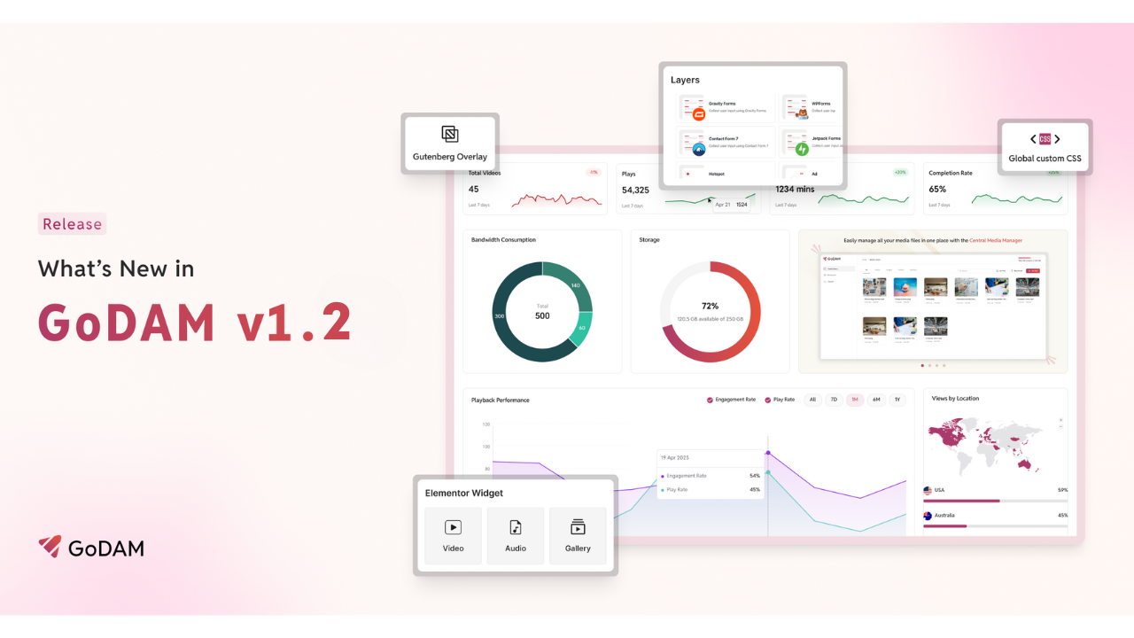 GoDAM 1.2 supports Jetpack Forms, Elementor Widgets, Video Chapters and more